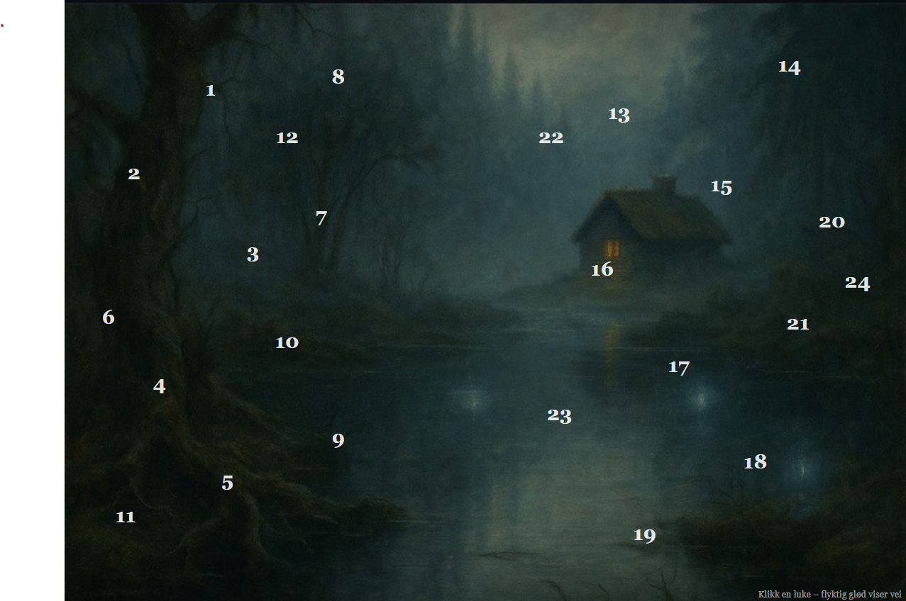 *Interactive digital Advent Calendar cover art: 'The Elias Saga (1560 Nordic Folklore).' Features a dark, atmospheric illustration of a snow-covered traditional Norwegian wooden house (stabbur or stue) under a winter night sky, surrounded by tall, eerie pine trees. The image evokes a gothic, historical horror setting, with 24 closed, numbered doors visible.**